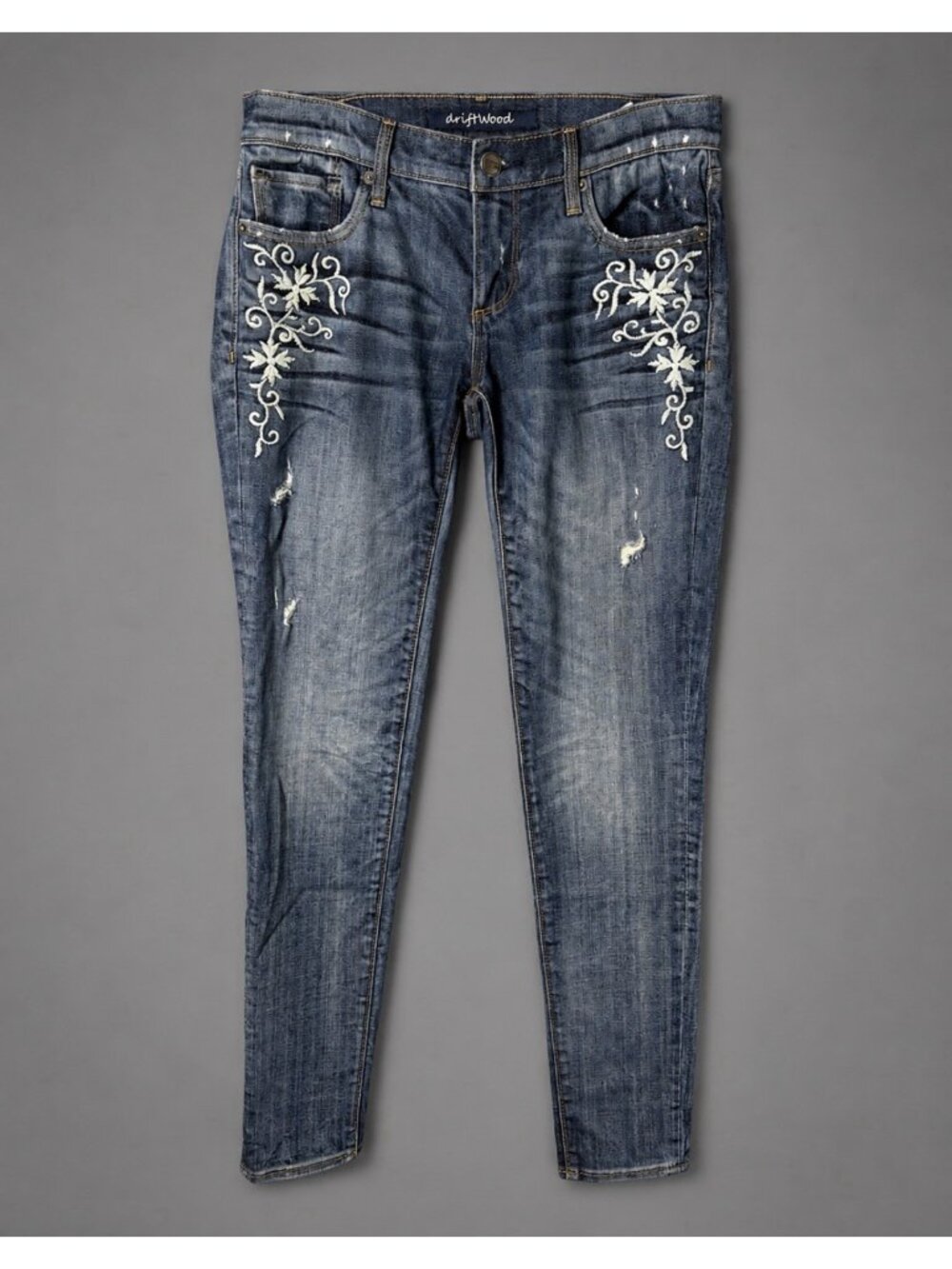 DRIFTWOOD Womens Size 26 Embroidered Distressed Skinny Blue Jeans Low Rise
